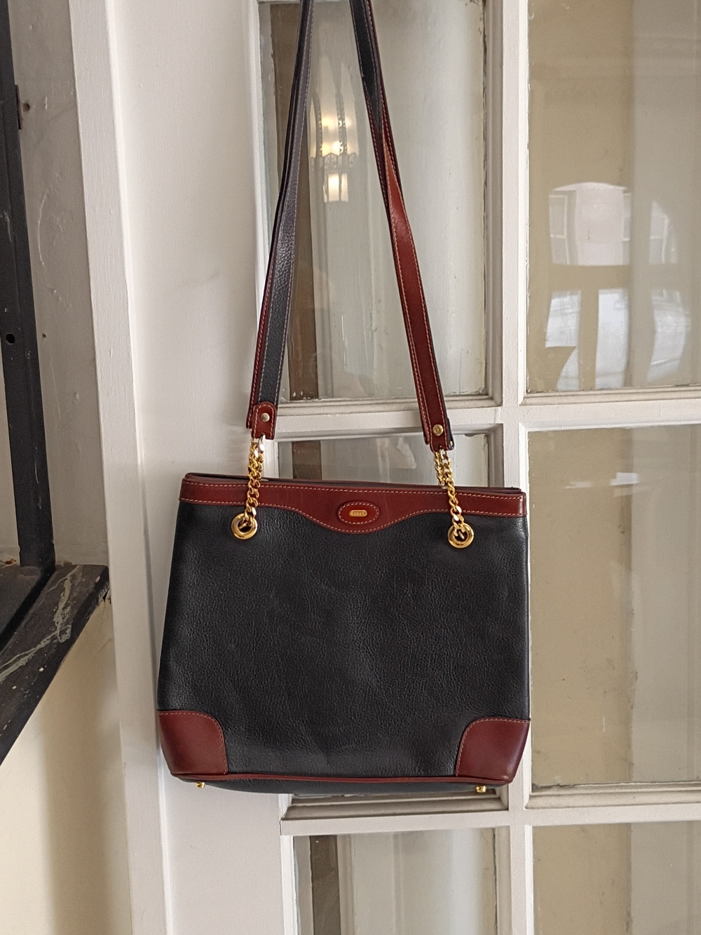 Bally Black and Brown Leather Shoulder Tote with Gold Hardware